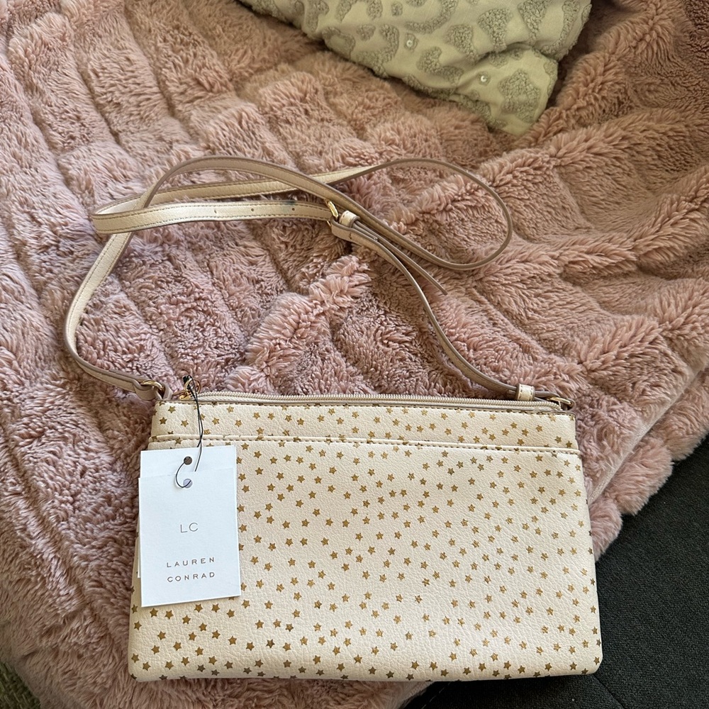 LC Lauren Conrad Beige and Gold Star Crossbody Bag